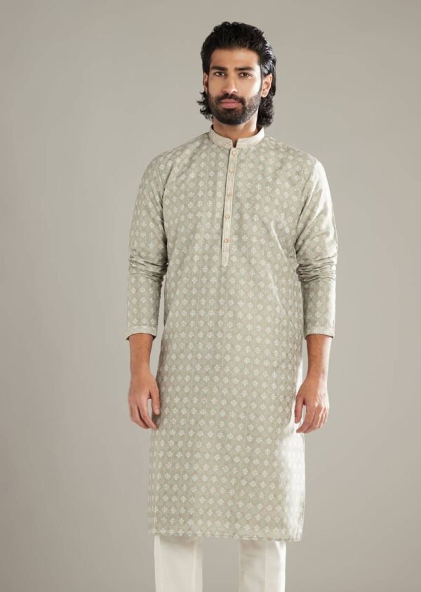 363_2 Green Silk Kurta Set For Men With Printed Motifs