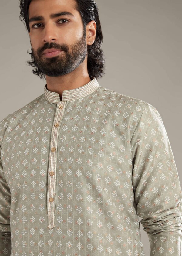 363_3 Green Silk Kurta Set For Men With Printed Motifs