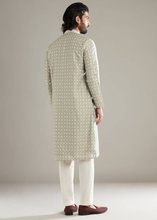 363_4 Green Silk Kurta Set For Men With Printed Motifs