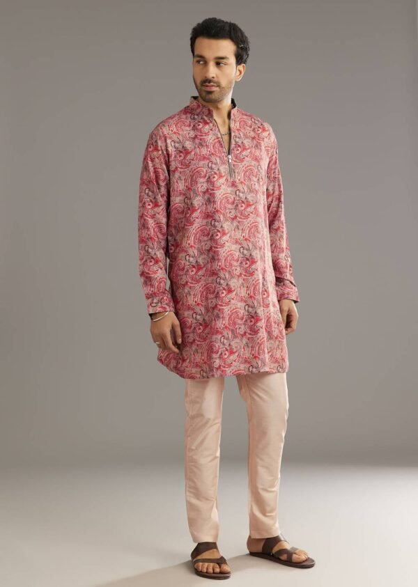 366_1 Red Pashmina Silk Zipper Kurta Set with Paisley Swirl Print