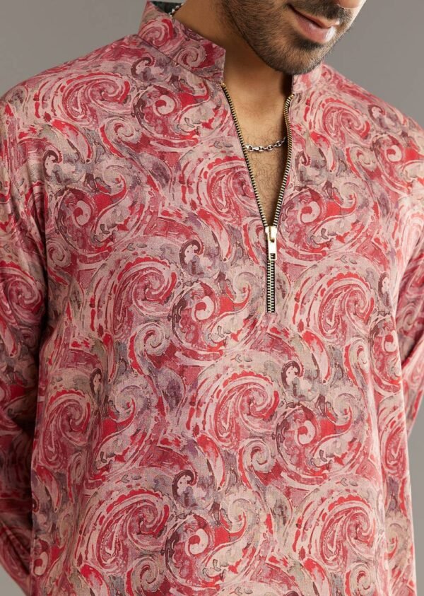 366_3 Red Pashmina Silk Zipper Kurta Set with Paisley Swirl Print