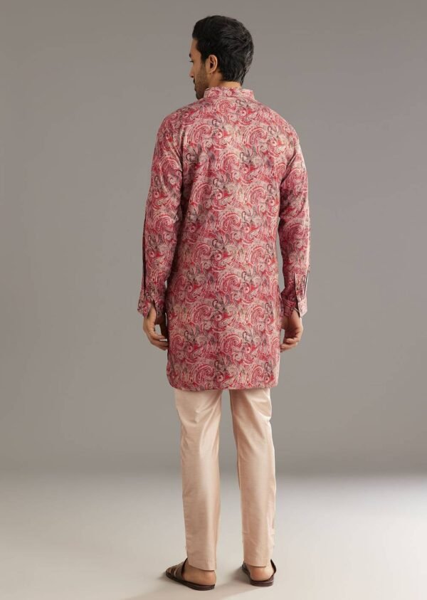 366_4 Red Pashmina Silk Zipper Kurta Set with Paisley Swirl Print