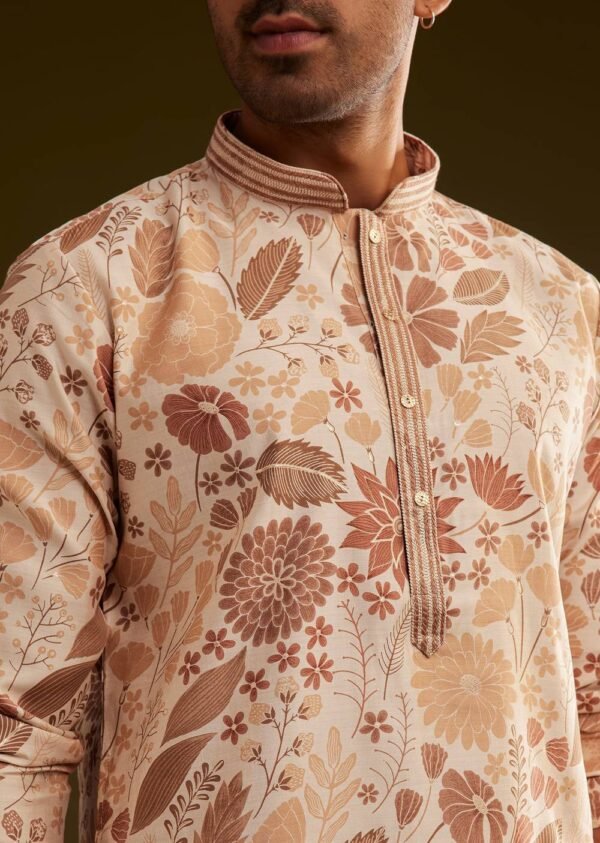 368_3 Cream Brown Silk Floral Printed Kurta Set