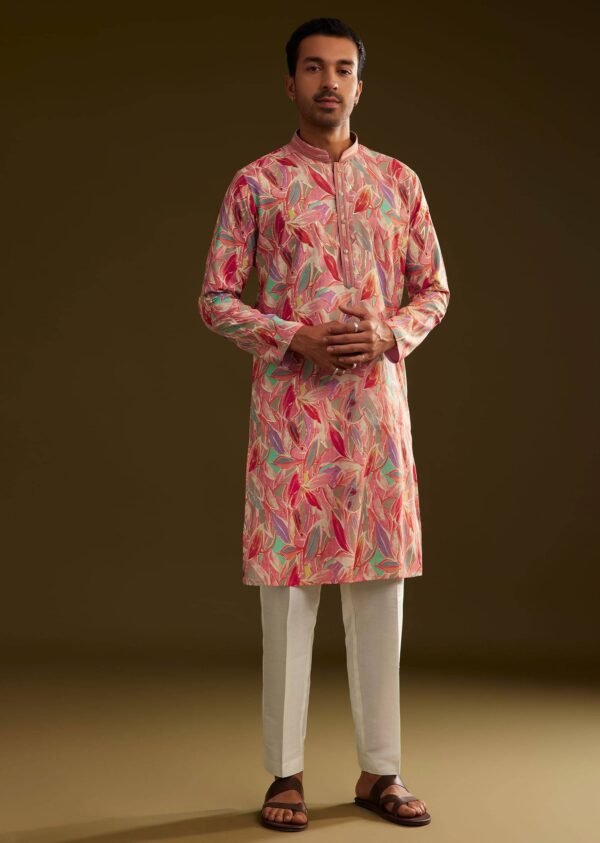 370_1 Pink Silk Leaf Printed Kurta Set