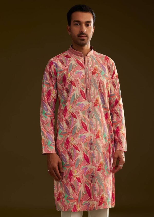 370_2 Pink Silk Leaf Printed Kurta Set
