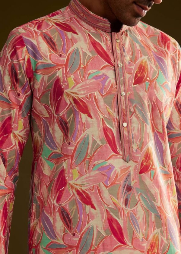 370_3 Pink Silk Leaf Printed Kurta Set