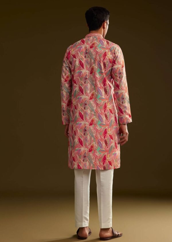 370_4 Pink Silk Leaf Printed Kurta Set