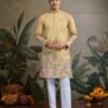 375_1 Yellow Viscose Silk Mens kurta for haldi ceremony