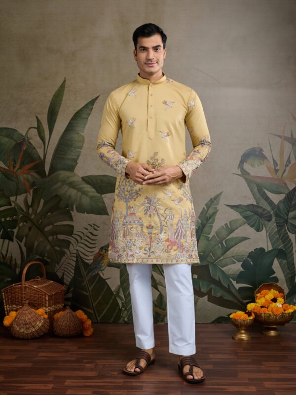 375_1 Yellow Viscose Silk Mens kurta for haldi ceremony