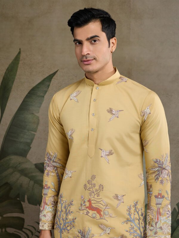 375_2 Yellow Viscose Silk Mens kurta for haldi ceremony