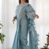 Sky Blue Ready-to-Wear Saree with Stitched Blouse in Luxurious Jimmy Choo Fabric