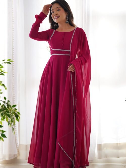 IMG_8825.jpg Upgrade Your Wardrobe with the Exquisite Wine Color Designer Yoke Neck Gown with Dupatta