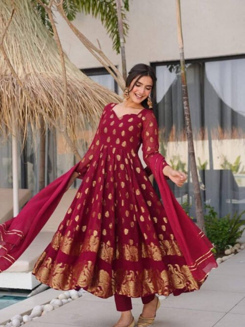 Jacquard_2.jpg Maroon Jacquard Sringar Anarkali Suit Set