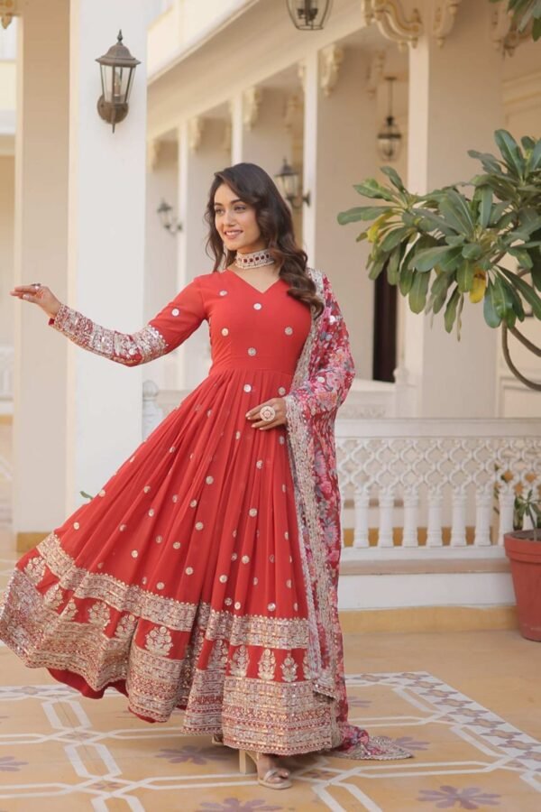 KA-1078RED_1.jpg Orange Heavy Embroidery Work Gown with Dupatta