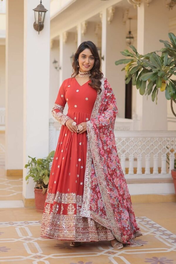 KA-1078RED_4.jpg Orange Heavy Embroidery Work Gown with Dupatta