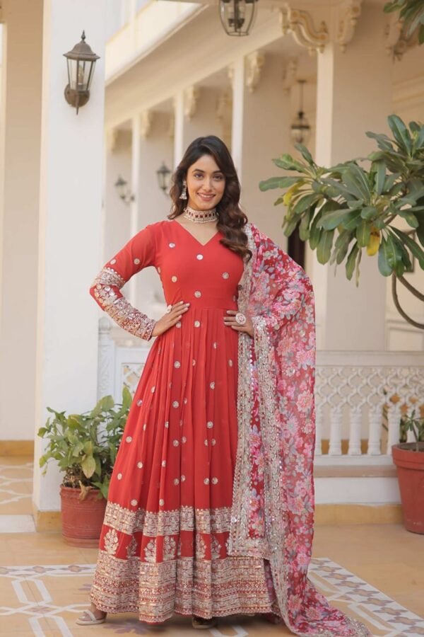 KA-1078RED_5.jpg Orange Heavy Embroidery Work Gown with Dupatta