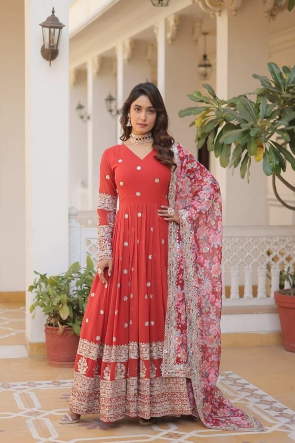 KA-1078RED_7.jpg Orange Heavy Embroidery Work Gown with Dupatta
