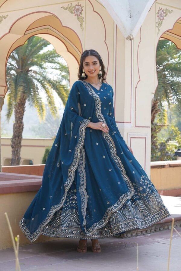 KA-1084BLUE_4.jpg Blue Wedding Wear Heavy Sequence Work Gown with Dupatta