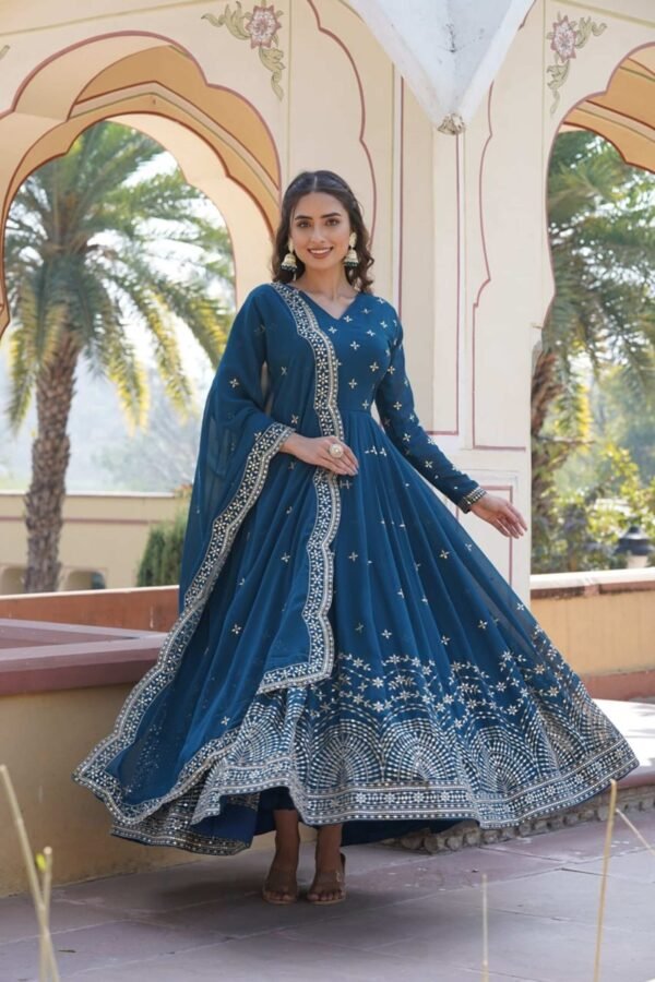 KA-1084BLUE_5.jpg Blue Wedding Wear Heavy Sequence Work Gown with Dupatta
