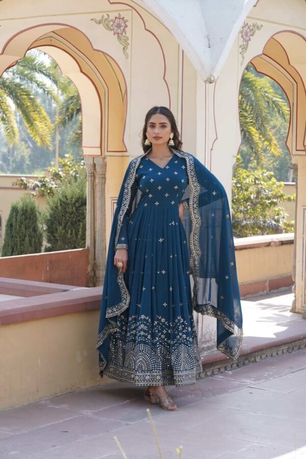KA-1084BLUE_6.jpg Blue Wedding Wear Heavy Sequence Work Gown with Dupatta