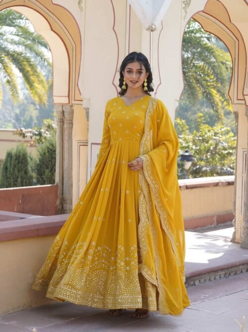 KA-1084YELLOW_1.jpg Yellow Wedding Wear Heavy Sequence Work Gown with Dupatta