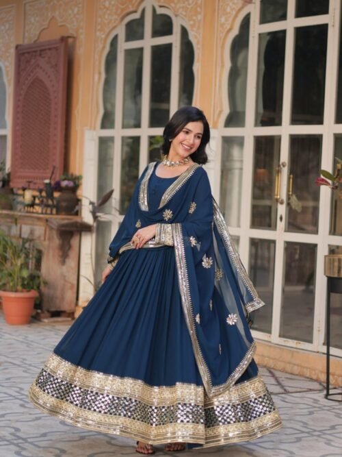 KA-1135_ROYAL_BLUE_1.jpg Royal Blue Faux Blooming Gown with Zari Sequins Embroidery