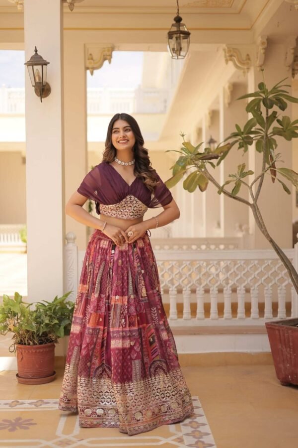 KA-5032WINE_1.jpg Luxurious Wine Russian Silk with Digital Print Lehenga with Designer Blouse