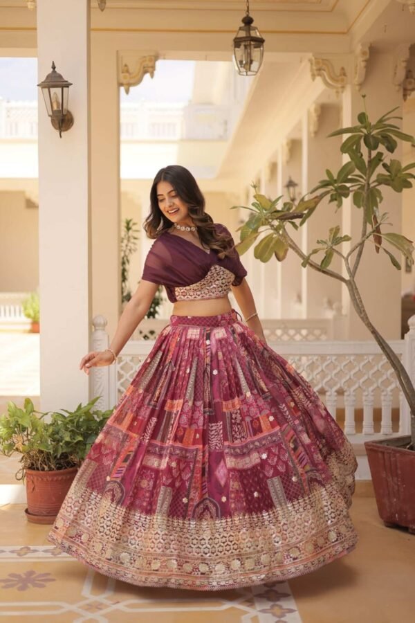 KA-5032WINE_2.jpg Luxurious Wine Russian Silk with Digital Print Lehenga with Designer Blouse