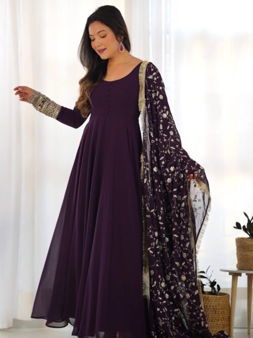 KB-241WINE_4.jpg Elegant Wine Georgette Gown Set with Dupatta - Luxurious & Chic