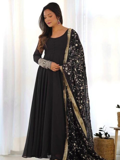 KB-241_BLACK_6.jpg Timeless Black Georgette Gown Ensemble Luxurious Embellishments