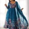 KB-261BLUE_1.jpg Luxurious Turkish Floral Printed Organza Anarkali Suit Set with Dupatta