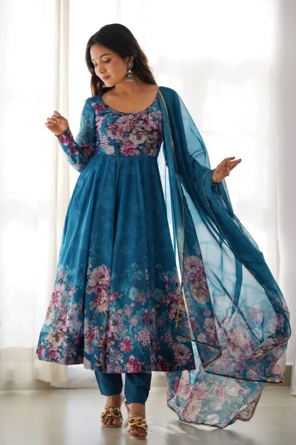 KB-261BLUE_1.jpg Luxurious Turkish Floral Printed Organza Anarkali Suit Set with Dupatta
