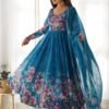 KB-261BLUE_2.jpg Luxurious Turkish Floral Printed Organza Anarkali Suit Set with Dupatta