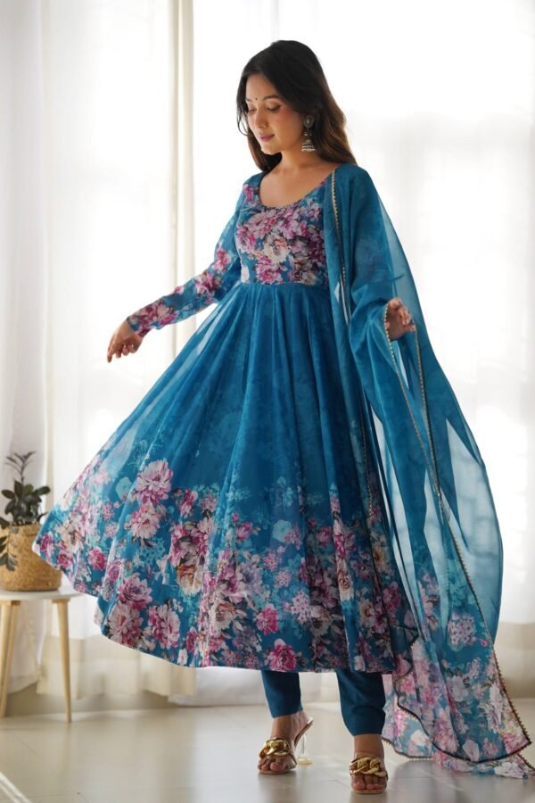 KB-261BLUE_2.jpg Luxurious Turkish Floral Printed Organza Anarkali Suit Set with Dupatta