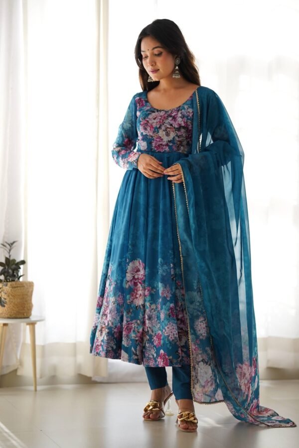 KB-261BLUE_3.jpg Luxurious Turkish Floral Printed Organza Anarkali Suit Set with Dupatta