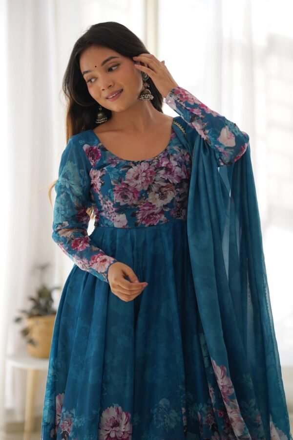 KB-261BLUE_5.jpg Luxurious Turkish Floral Printed Organza Anarkali Suit Set with Dupatta