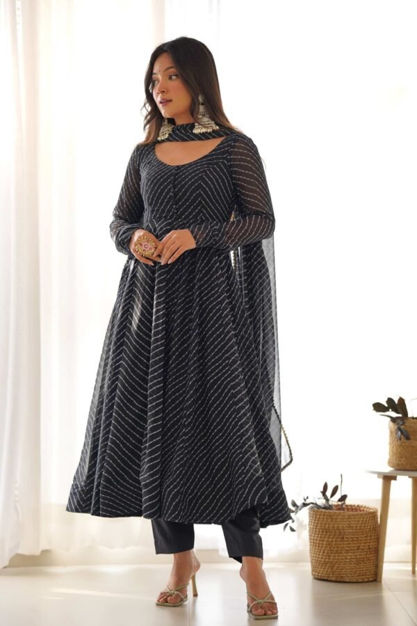 KB-264BLACK_5.jpg Stunning Black Laheriya Print Georgette Anarkali Suit with Dupatta