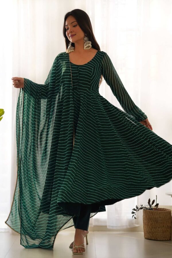 KB-264BOTTLEGREEN_4.jpg Exquisite Bottle Green Laheriya Print Georgette Anarkali Suit with Dupatta