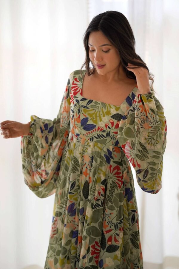 KB-267_2.jpg Elegant Floral Print Soft Fox Georgette Maxi Dress with Balloon Sleeves - Fully Flared