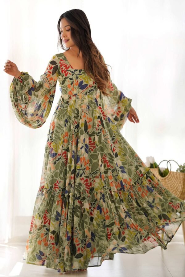 KB-267_4.jpg Elegant Floral Print Soft Fox Georgette Maxi Dress with Balloon Sleeves - Fully Flared