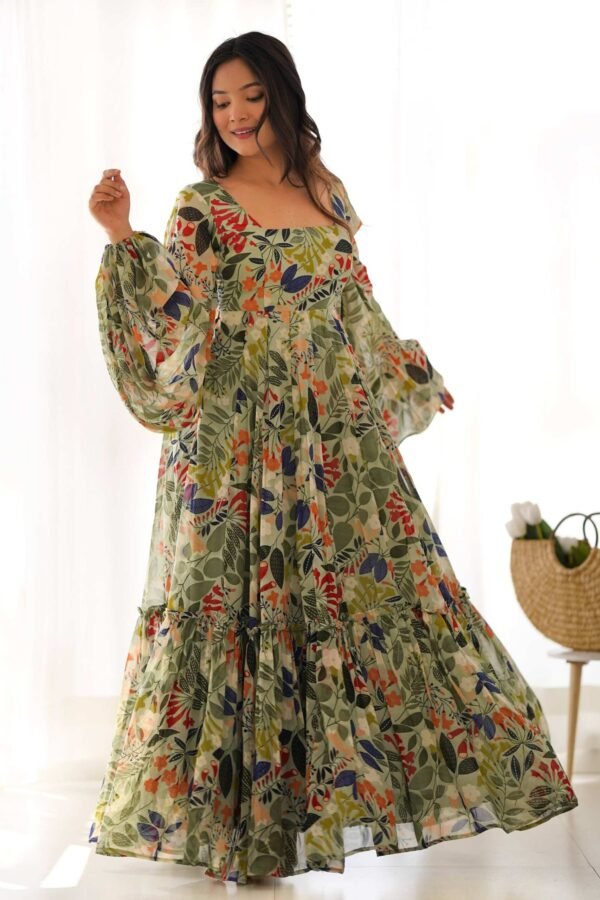KB-267_5.jpg Elegant Floral Print Soft Fox Georgette Maxi Dress with Balloon Sleeves - Fully Flared