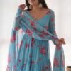 KB-268_1.jpg Sky Blue Floral 3-Layer Georgette Gown with Dupatta