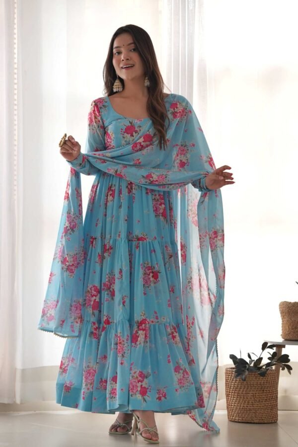 KB-268_3.jpg Sky Blue Floral 3-Layer Georgette Gown with Dupatta