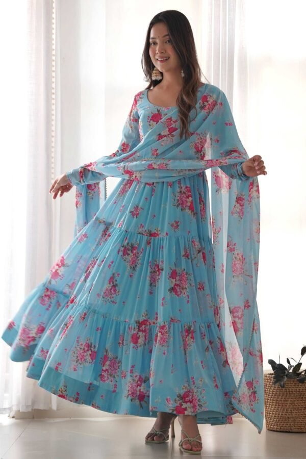 KB-268_4.jpg Sky Blue Floral 3-Layer Georgette Gown with Dupatta
