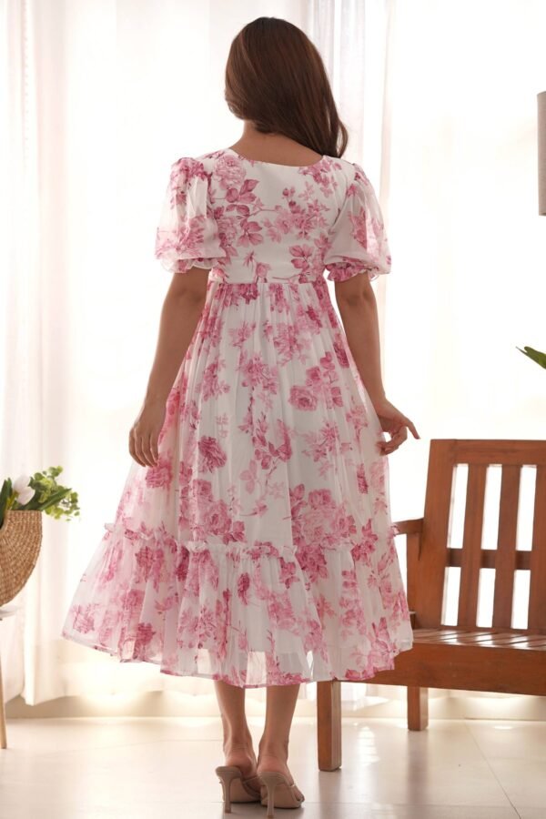 KB-272PINK_2.jpg Elegant White Soft Georgette One-Piece Dress with Wine Floral Print