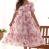 KB-272PINK_5.jpg Elegant White Soft Georgette One-Piece Dress with Wine Floral Print