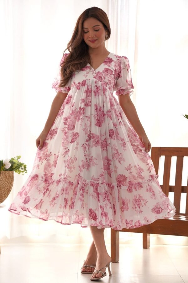 KB-272PINK_5.jpg Elegant White Soft Georgette One-Piece Dress with Wine Floral Print