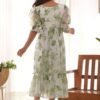 KB-272PISTA_1.jpg Elegant White Soft Georgette One-Piece Dress with Green Floral Print