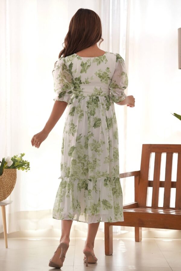 KB-272PISTA_1.jpg Elegant White Soft Georgette One-Piece Dress with Green Floral Print