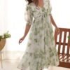 KB-272PISTA_4.jpg Elegant White Soft Georgette One-Piece Dress with Green Floral Print
